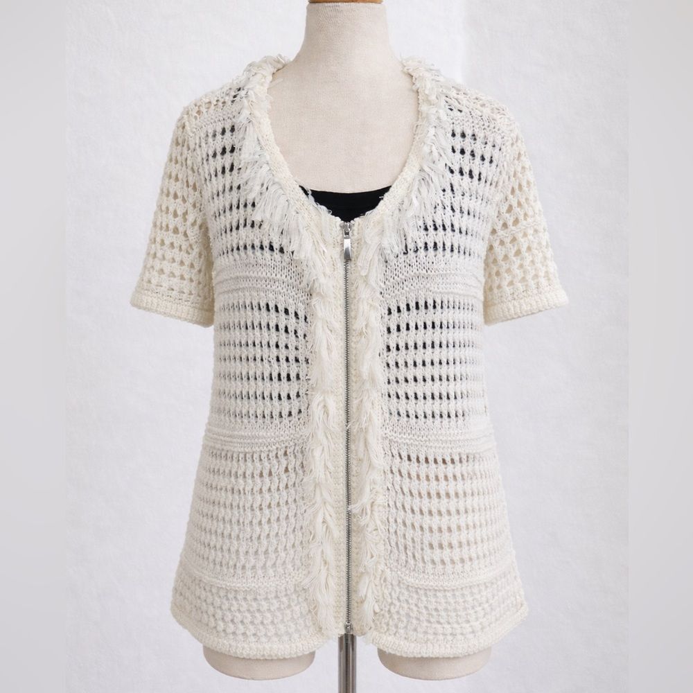 Chico’s Open Knit Cream Colored Fringe Zipper Short Sleeve Sweater